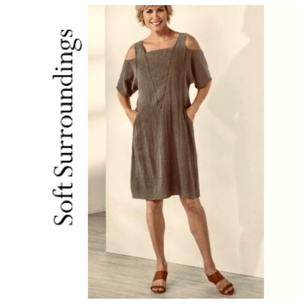 Soft Surroundings Amelia Linen Cold Shoulder Dress PS Petite Small